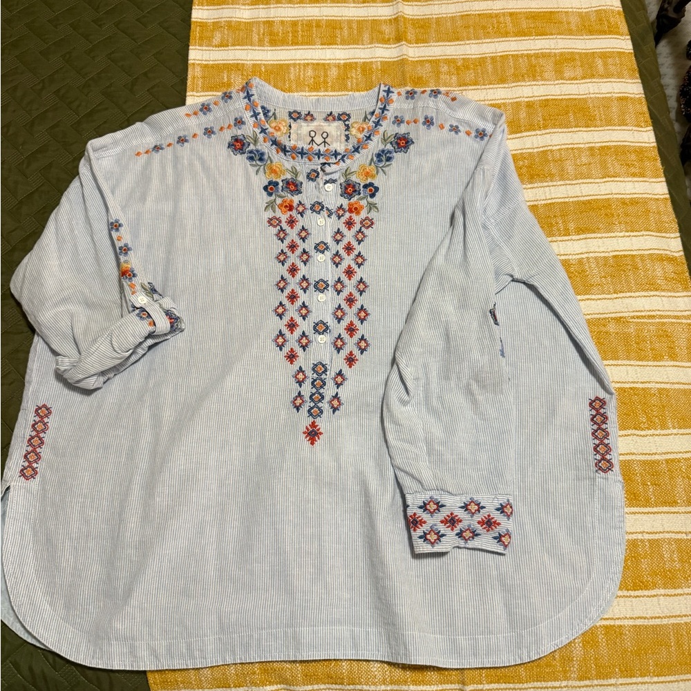 Johnny Was Striped Floral Embroidered Top